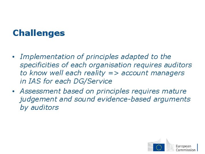 Challenges • Implementation of principles adapted to the specificities of each organisation requires auditors