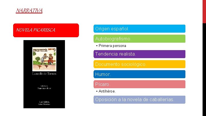 NARRATIVA NOVELA PICARESCA Origen español. Autobiografismo. • Primera persona Tendencia realista. Documento sociológico. Humor.