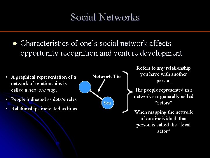 Social Networks l Characteristics of one’s social network affects opportunity recognition and venture development