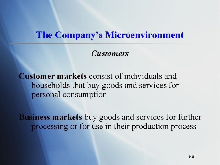 The Company’s Microenvironment Customers Customer markets consist of individuals and households that buy goods