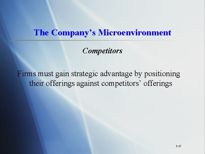 The Company’s Microenvironment Competitors Firms must gain strategic advantage by positioning their offerings against