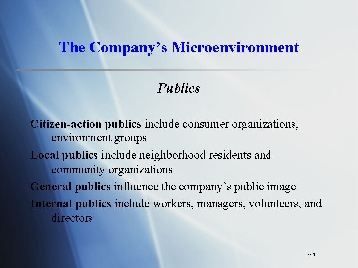 The Company’s Microenvironment Publics Citizen-action publics include consumer organizations, environment groups Local publics include