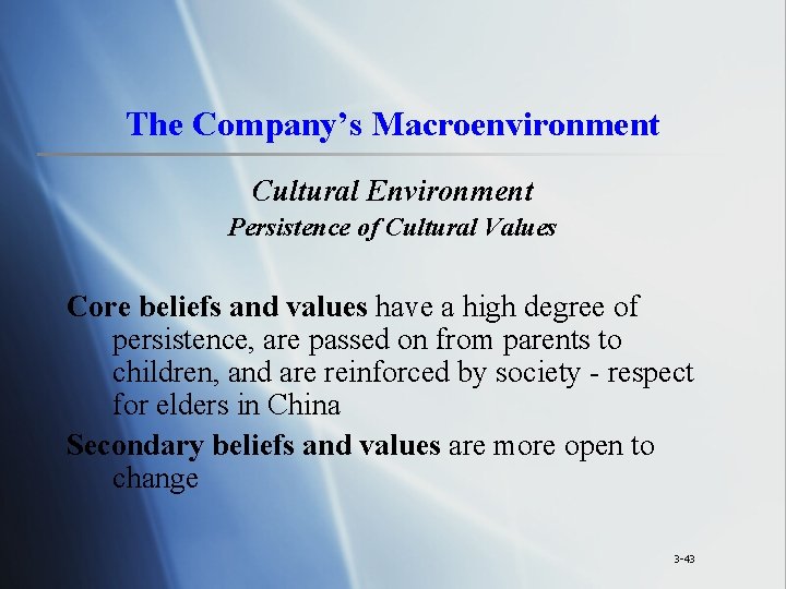 The Company’s Macroenvironment Cultural Environment Persistence of Cultural Values Core beliefs and values have