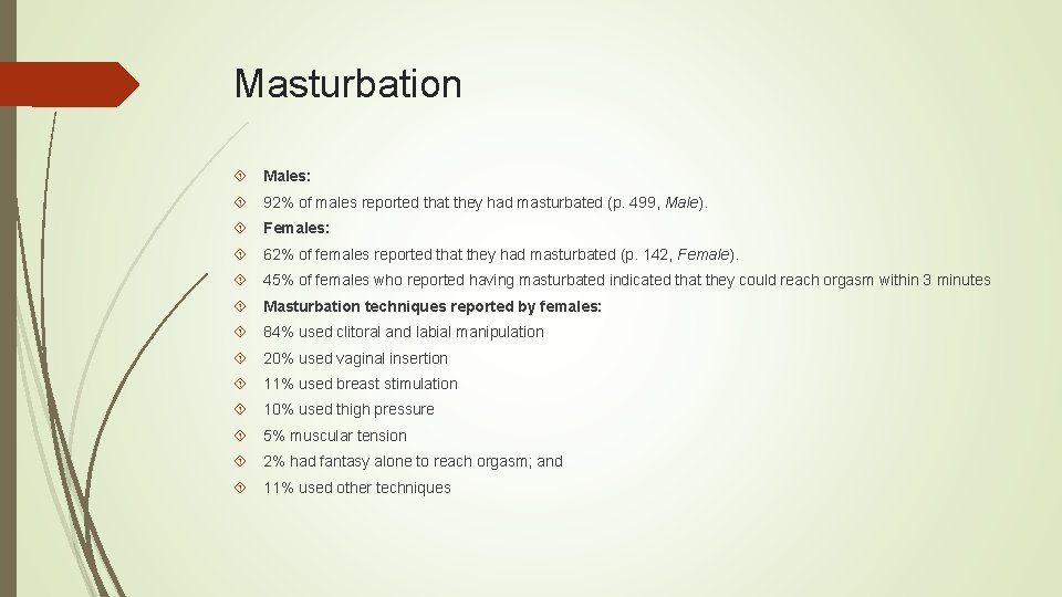 Masturbation Males: 92% of males reported that they had masturbated (p. 499, Male). Females: