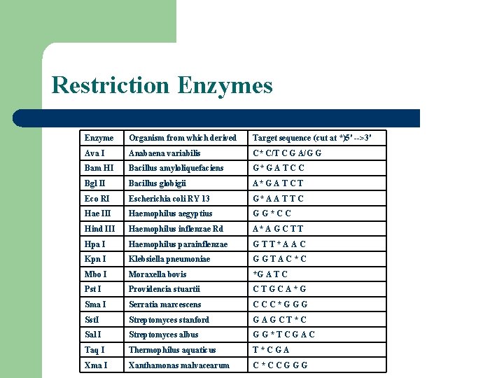 Restriction Enzymes Enzyme Organism from which derived Target sequence (cut at *)5' -->3' Ava