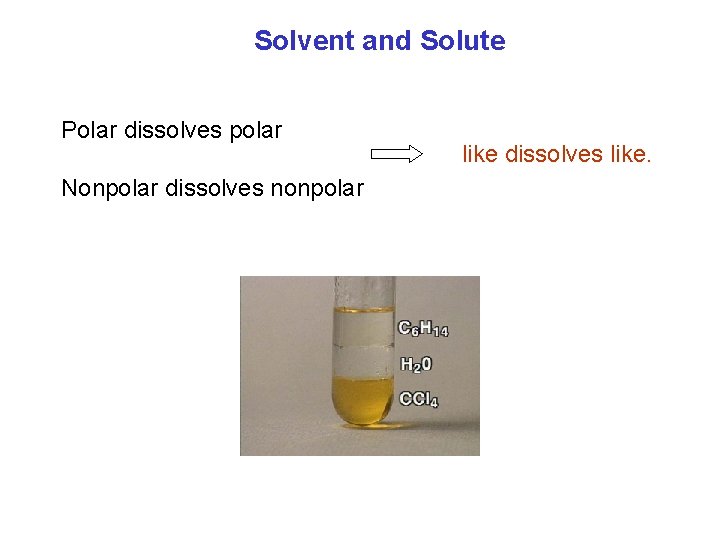 Solvent and Solute Polar dissolves polar Nonpolar dissolves nonpolar like dissolves like. 