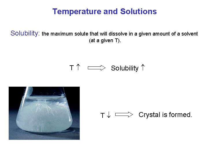 Temperature and Solutions Solubility: the maximum solute that will dissolve in a given amount