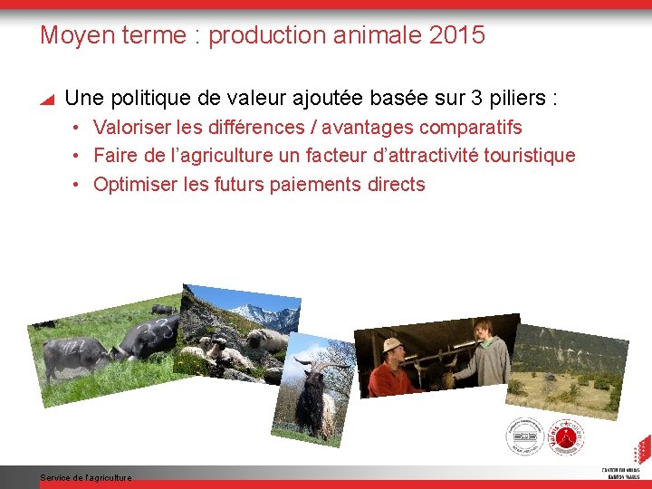Moyen terme : production animale 2015 Une politique de valeur ajoutée basée sur 3