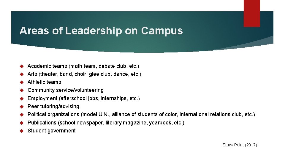 Areas of Leadership on Campus Academic teams (math team, debate club, etc. ) Arts