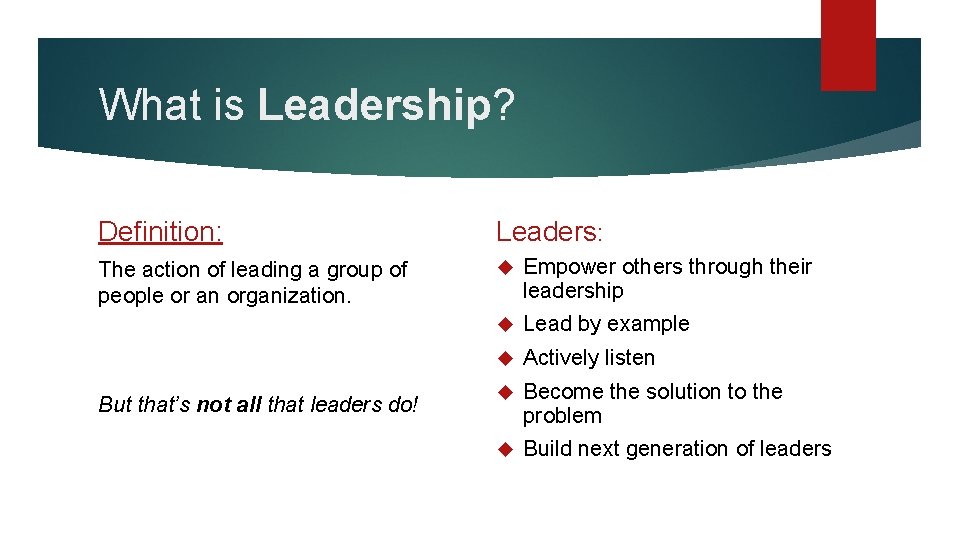 What is Leadership? Definition: Leaders: The action of leading a group of people or