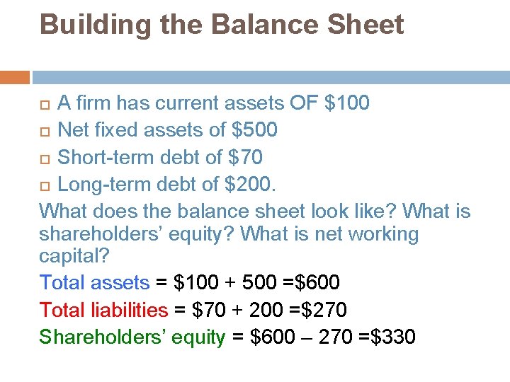 Building the Balance Sheet A firm has current assets OF $100 Net fixed assets