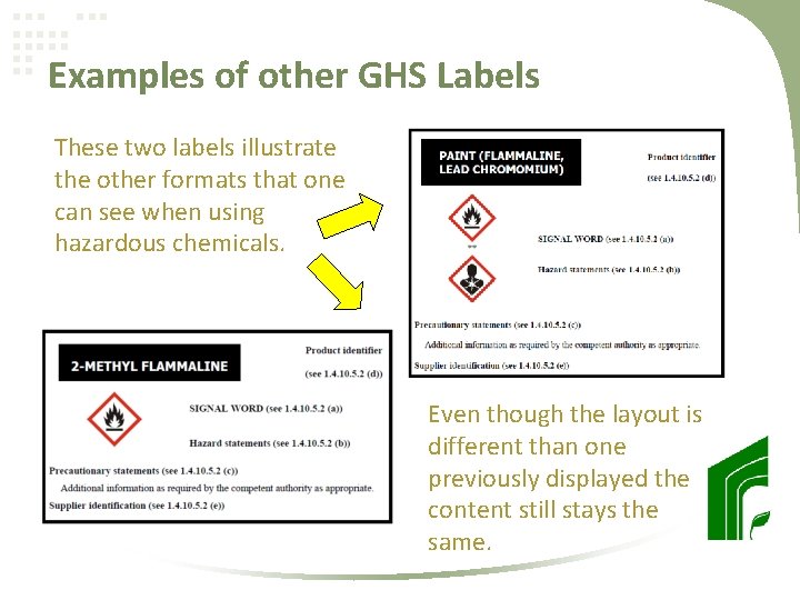 Examples of other GHS Labels These two labels illustrate the other formats that one