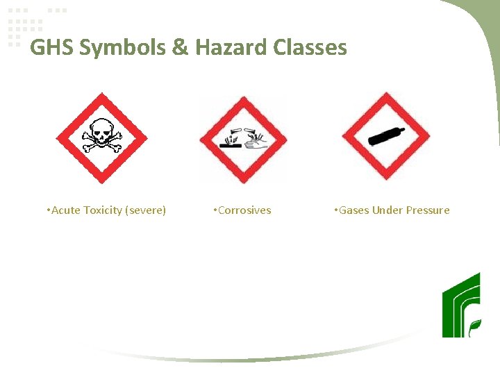 GHS Symbols & Hazard Classes • Acute Toxicity (severe) • Corrosives • Gases Under
