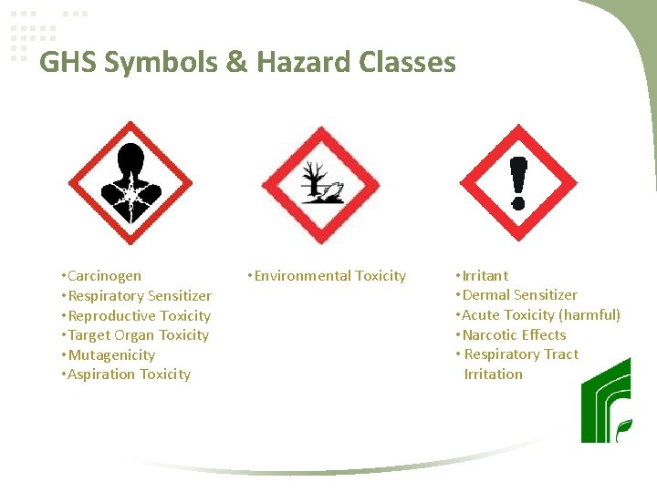 GHS Symbols & Hazard Classes • Carcinogen • Respiratory Sensitizer • Reproductive Toxicity •