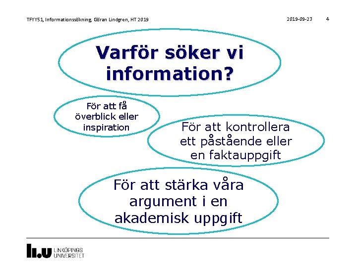 2019 -09 -23 TFYY 51, Informationssökning, Göran Lindgren, HT 2019 Varför söker vi information?