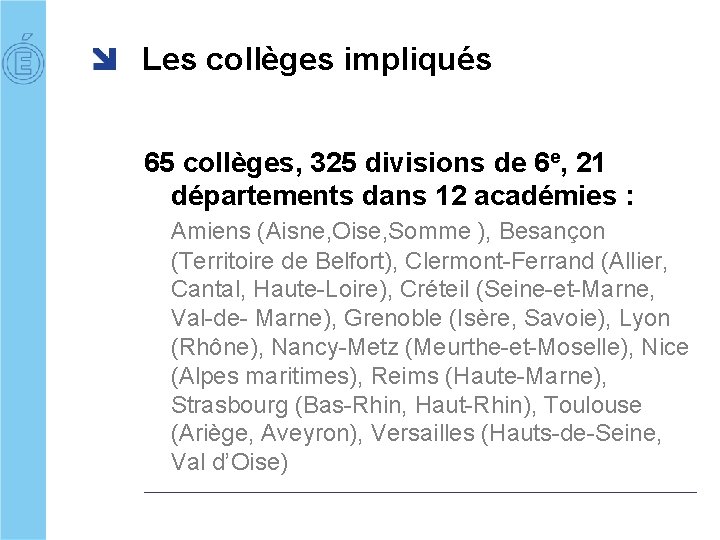 Les collèges impliqués 65 collèges, 325 divisions de 6 e, 21 départements dans 12