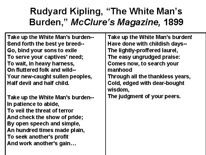 Rudyard Kipling, “The White Man’s Burden, ” Mc. Clure’s Magazine, 1899 Take up the