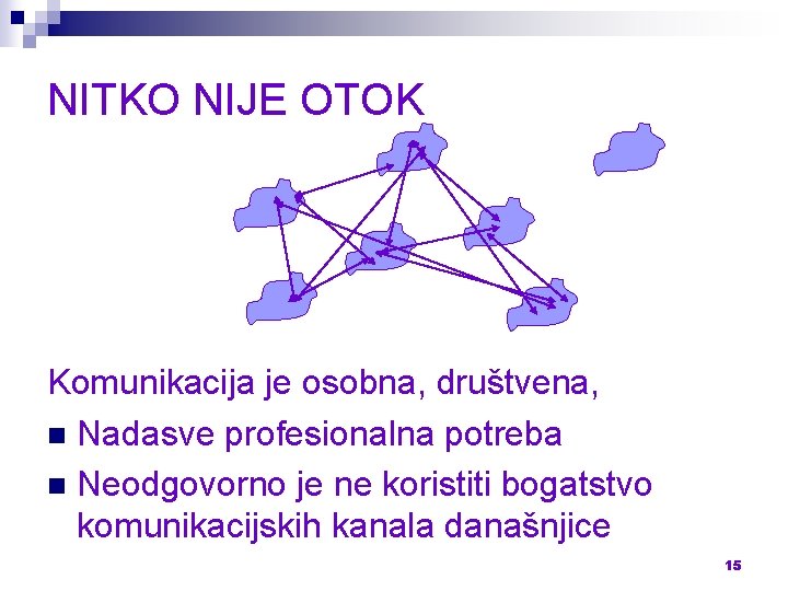 NITKO NIJE OTOK Komunikacija je osobna, društvena, n Nadasve profesionalna potreba n Neodgovorno je