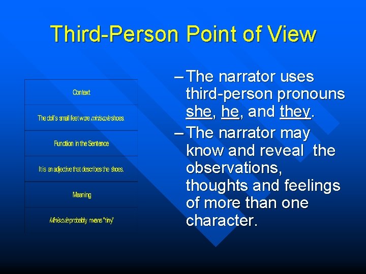 Third-Person Point of View – The narrator uses third-person pronouns she, and they. –