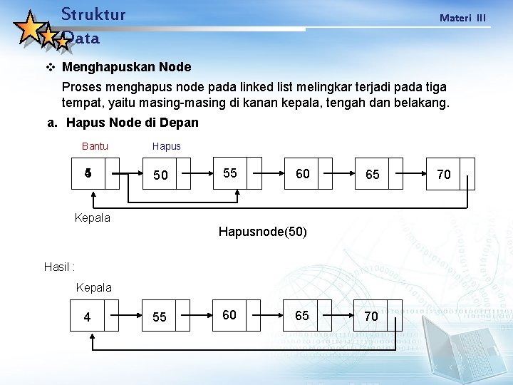 Struktur Data Materi III v Menghapuskan Node Proses menghapus node pada linked list melingkar