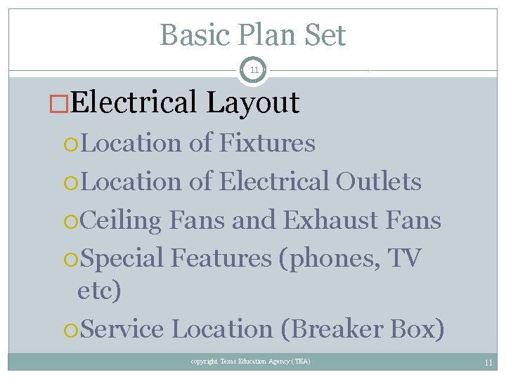 Basic Plan Set 11 �Electrical Layout Location of Fixtures Location of Electrical Outlets Ceiling