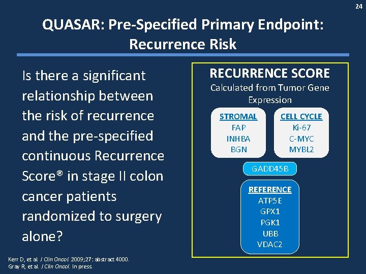 24 QUASAR: Pre-Specified Primary Endpoint: Recurrence Risk Is there a significant relationship between the