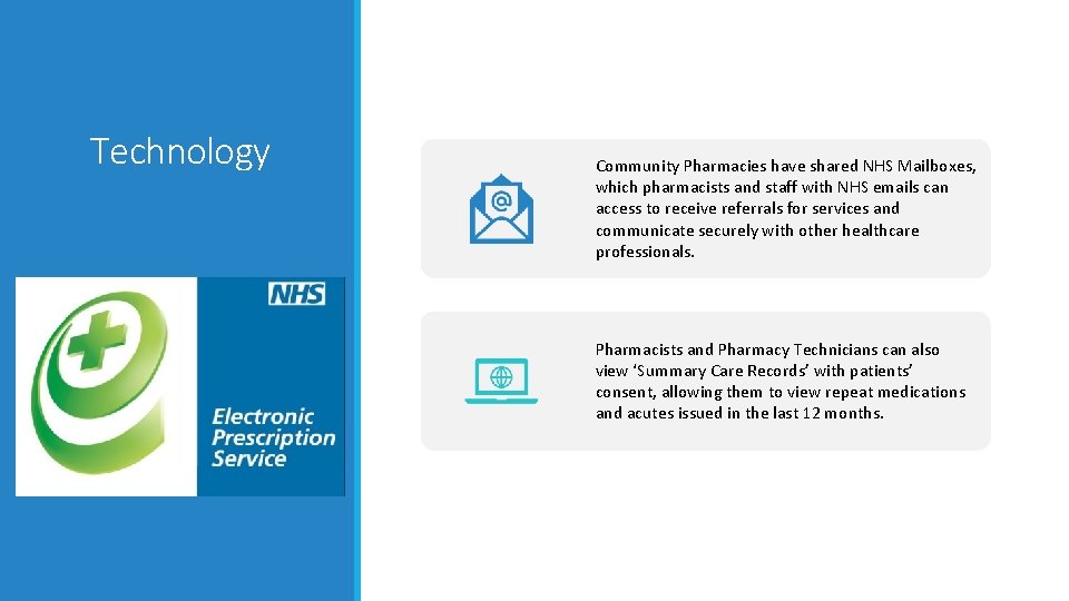 Technology Community Pharmacies have shared NHS Mailboxes, which pharmacists and staff with NHS emails Technology Community Pharmacies have shared NHS Mailboxes, which pharmacists and staff with NHS emails