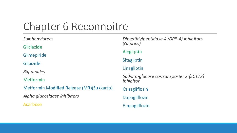 Chapter 6 Reconnoitre Sulphonylureas Gliclazide Glimepiride Glipizide Biguanides Dipeptidylpeptidase-4 (DPP-4) inhibitors (Gliptins) Alogliptin Sitagliptin Chapter 6 Reconnoitre Sulphonylureas Gliclazide Glimepiride Glipizide Biguanides Dipeptidylpeptidase-4 (DPP-4) inhibitors (Gliptins) Alogliptin Sitagliptin