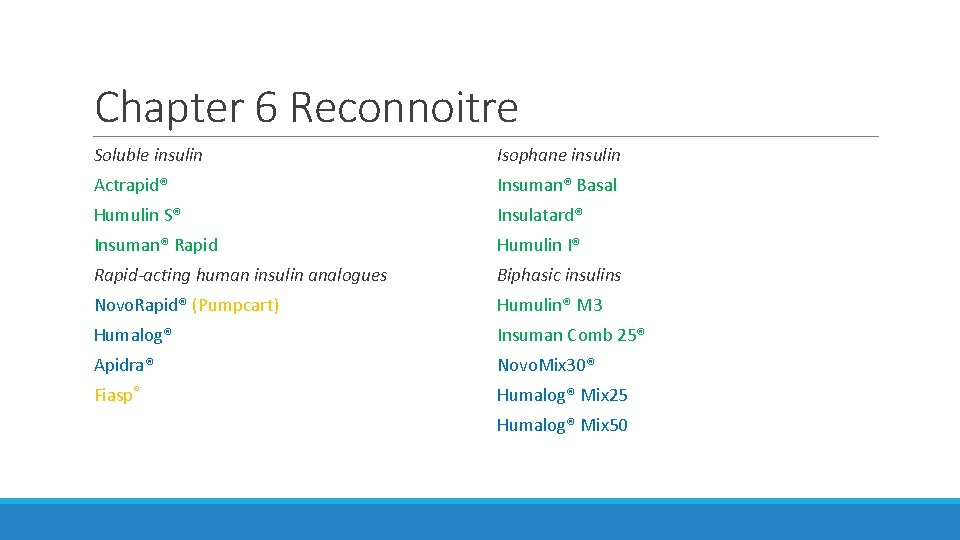 Chapter 6 Reconnoitre Soluble insulin Isophane insulin Actrapid® Insuman® Basal Humulin S® Insulatard® Insuman® Chapter 6 Reconnoitre Soluble insulin Isophane insulin Actrapid® Insuman® Basal Humulin S® Insulatard® Insuman®