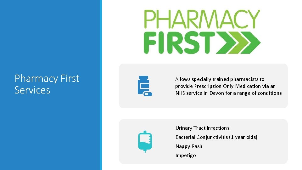 Pharmacy First Services Allows specially trained pharmacists to provide Prescription Only Medication via an Pharmacy First Services Allows specially trained pharmacists to provide Prescription Only Medication via an