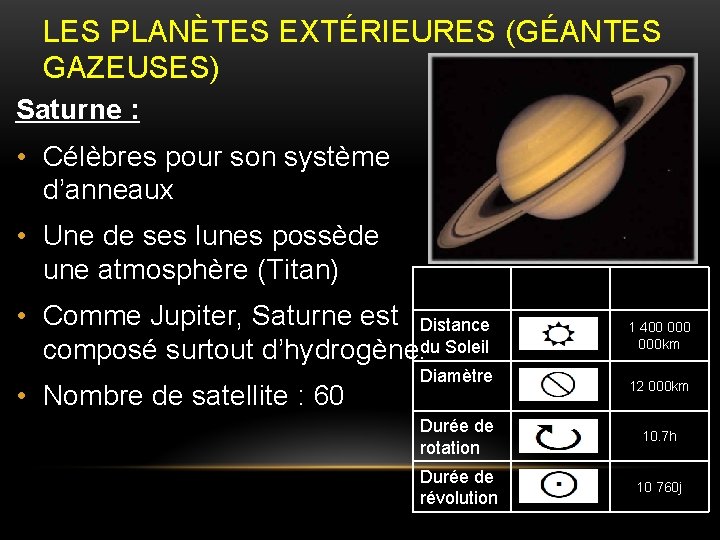 LES PLANÈTES EXTÉRIEURES (GÉANTES GAZEUSES) Saturne : • Célèbres pour son système d’anneaux •