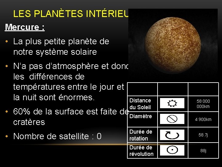 LES PLANÈTES INTÉRIEURES Mercure : • La plus petite planète de notre système solaire