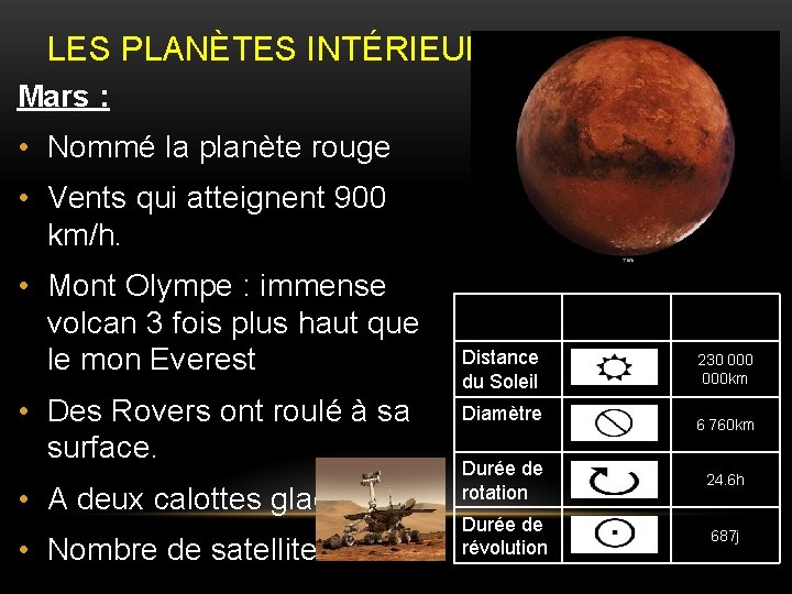 LES PLANÈTES INTÉRIEURES Mars : • Nommé la planète rouge • Vents qui atteignent