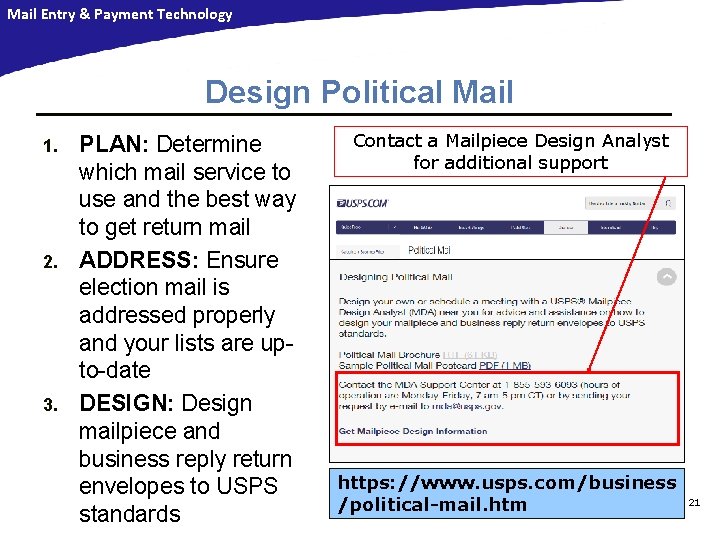 Mail Entry & Payment Technology Design Political Mail 1. 2. 3. PLAN: Determine which Mail Entry & Payment Technology Design Political Mail 1. 2. 3. PLAN: Determine which