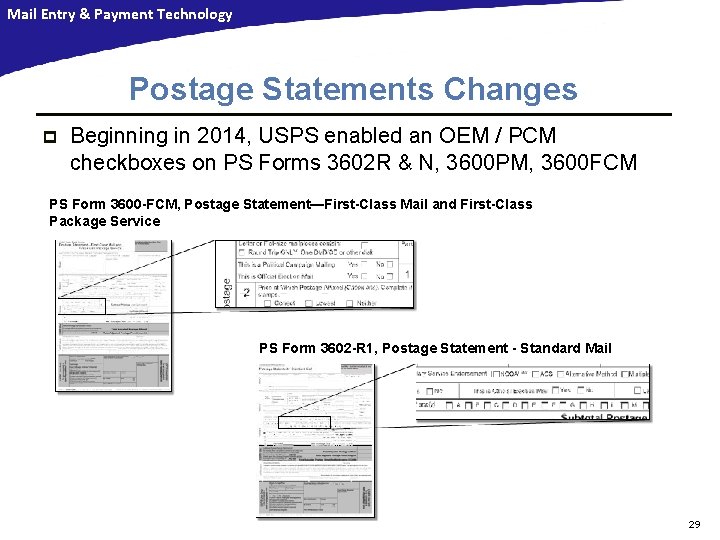 Mail Entry & Payment Technology Postage Statements Changes p Beginning in 2014, USPS enabled Mail Entry & Payment Technology Postage Statements Changes p Beginning in 2014, USPS enabled