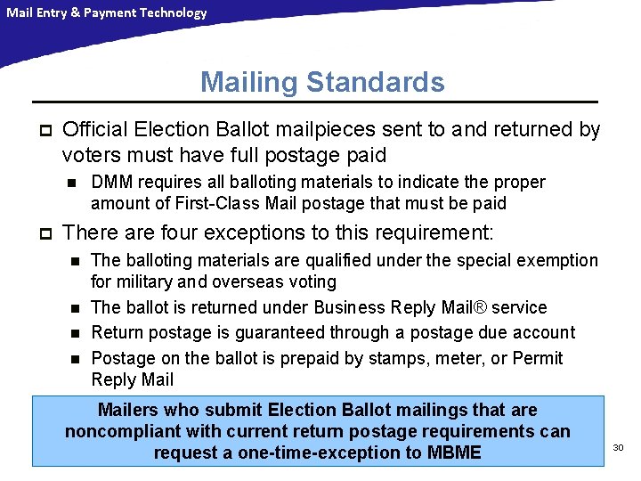 Mail Entry & Payment Technology Mailing Standards p Official Election Ballot mailpieces sent to Mail Entry & Payment Technology Mailing Standards p Official Election Ballot mailpieces sent to