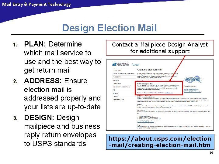 Mail Entry & Payment Technology Design Election Mail 1. 2. 3. PLAN: Determine which Mail Entry & Payment Technology Design Election Mail 1. 2. 3. PLAN: Determine which