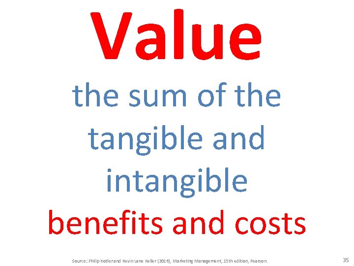 Value the sum of the tangible and intangible benefits and costs Source: Philip Kotler