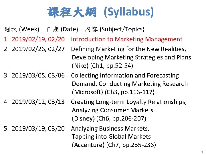 課程大綱 (Syllabus) 週次 (Week) 日期 (Date) 內容 (Subject/Topics) 1 2019/02/19, 02/20 Introduction to Marketing