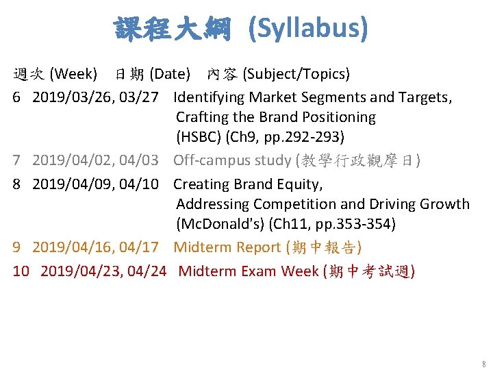 課程大綱 (Syllabus) 週次 (Week) 日期 (Date) 內容 (Subject/Topics) 6 2019/03/26, 03/27 Identifying Market Segments