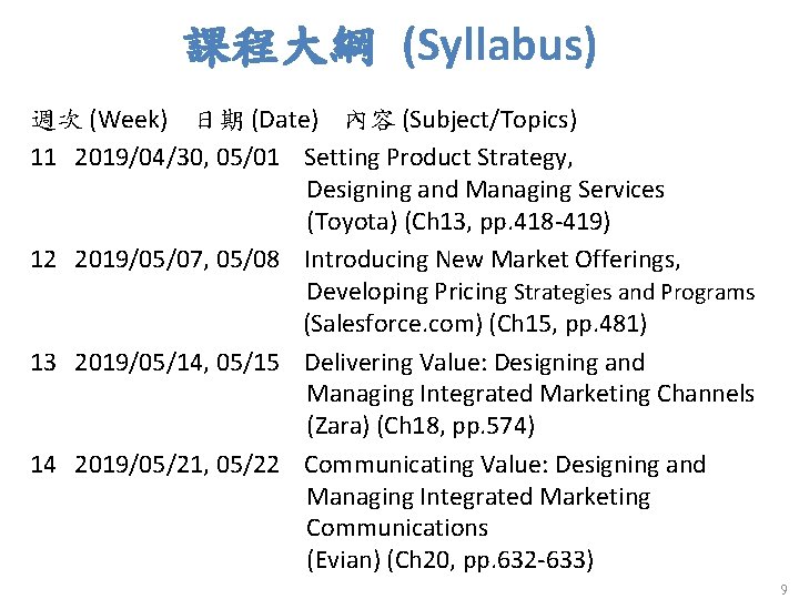 課程大綱 (Syllabus) 週次 (Week) 日期 (Date) 內容 (Subject/Topics) 11 2019/04/30, 05/01 Setting Product Strategy,