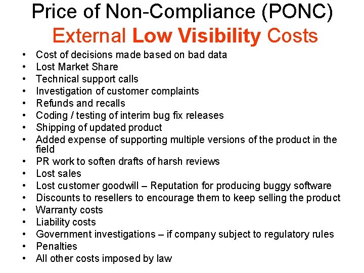 Price of Non-Compliance (PONC) External Low Visibility Costs • • • • • Cost Price of Non-Compliance (PONC) External Low Visibility Costs • • • • • Cost