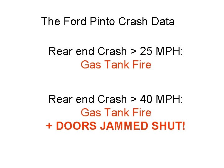 The Ford Pinto Crash Data Rear end Crash > 25 MPH: Gas Tank Fire The Ford Pinto Crash Data Rear end Crash > 25 MPH: Gas Tank Fire