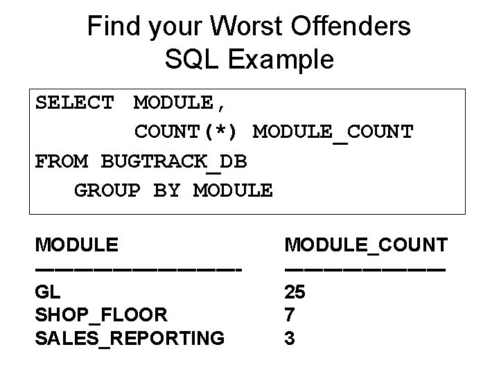 Find your Worst Offenders SQL Example SELECT MODULE, COUNT(*) MODULE_COUNT FROM BUGTRACK_DB GROUP BY Find your Worst Offenders SQL Example SELECT MODULE, COUNT(*) MODULE_COUNT FROM BUGTRACK_DB GROUP BY