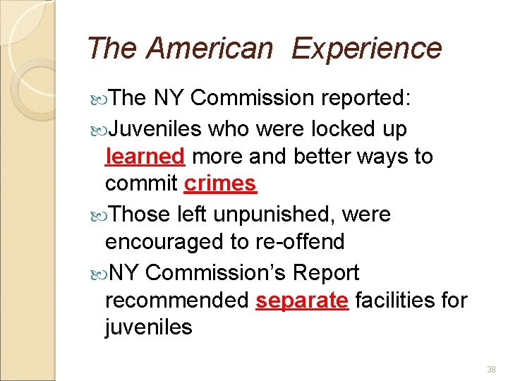 The American Experience The NY Commission reported: Juveniles who were locked up learned more