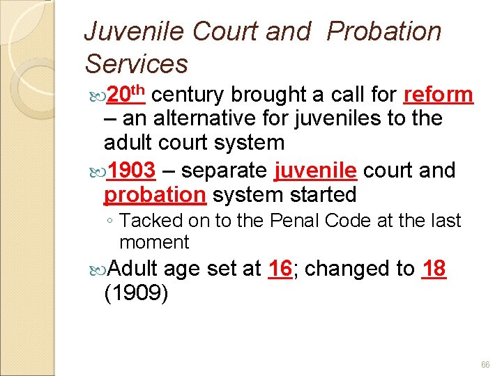 Juvenile Court and Probation Services 20 th century brought a call for reform –