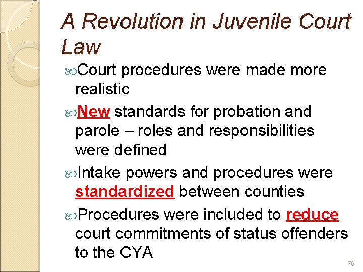 A Revolution in Juvenile Court Law Court procedures were made more realistic New standards