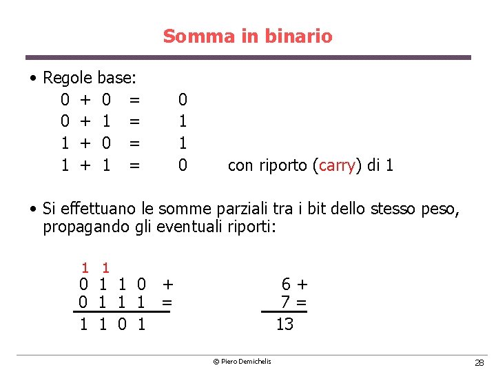 Somma in binario • Regole base: 0 + 0 = 0 + 1 =