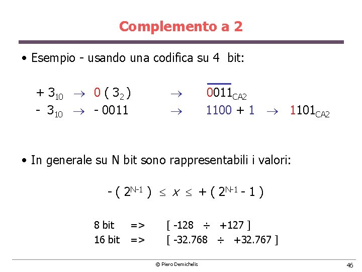 Complemento a 2 • Esempio usando una codifica su 4 bit: + 310 0