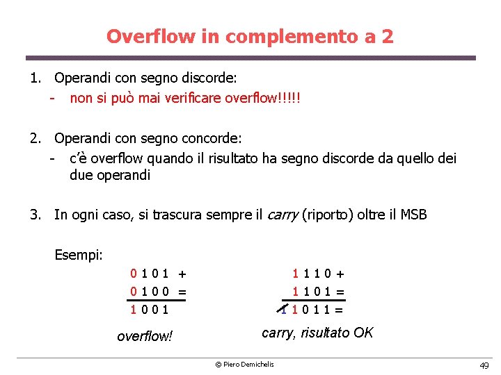 Overflow in complemento a 2 1. Operandi con segno discorde: non si può mai